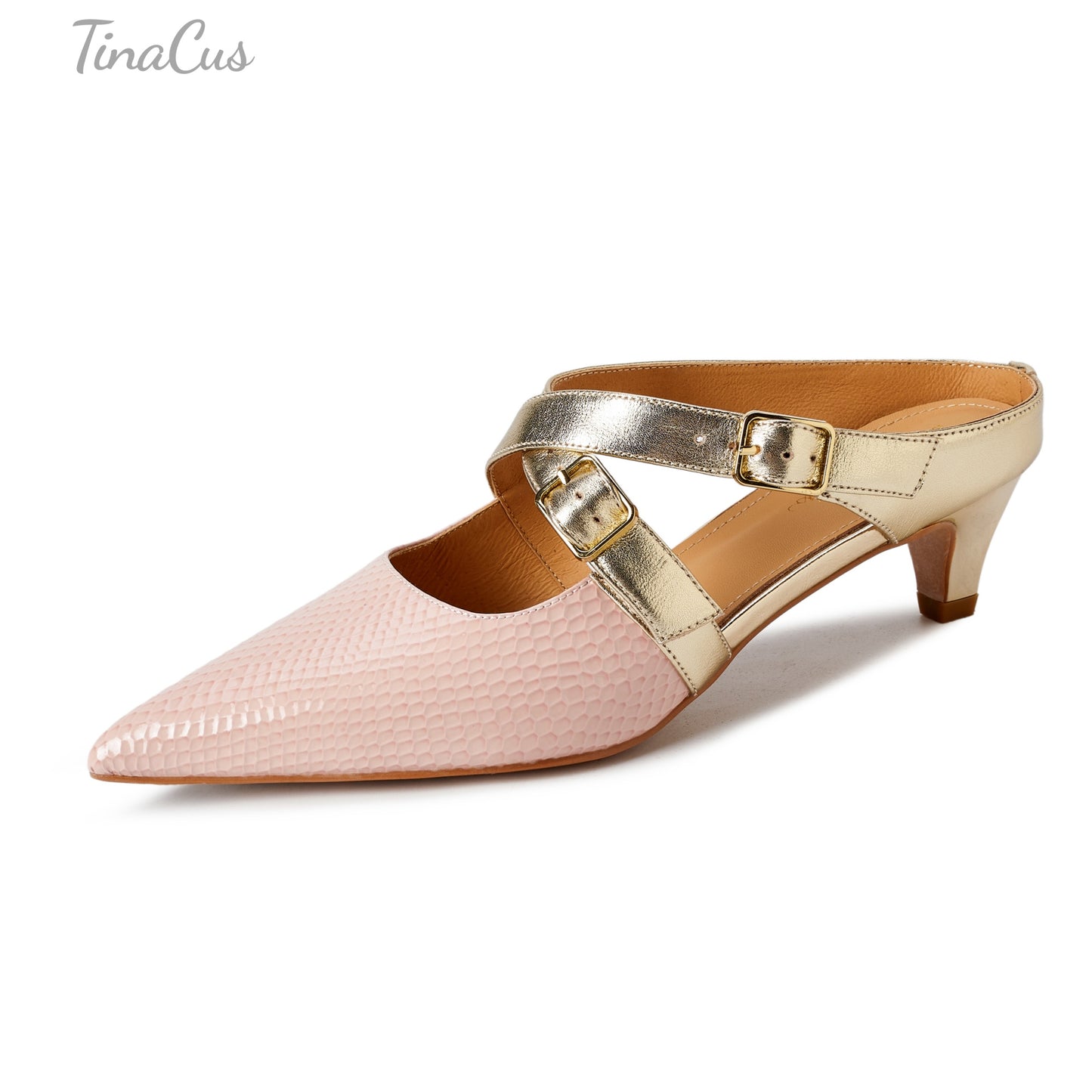 TinaCus Women's Pointed Toe Mules Genuine Leather Handmade Strap Buckle Kitten Heels Slip On Dress Sandals