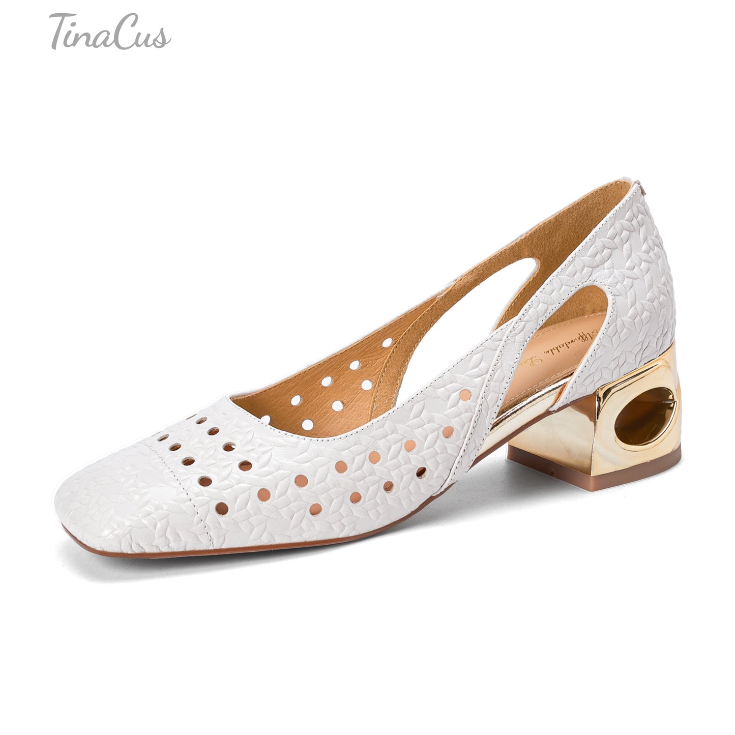 TinaCus Women's Square Toe Perforated Genuine Leather Cutout Pumps Handmade Low Heels Slip on Loafers Shoes