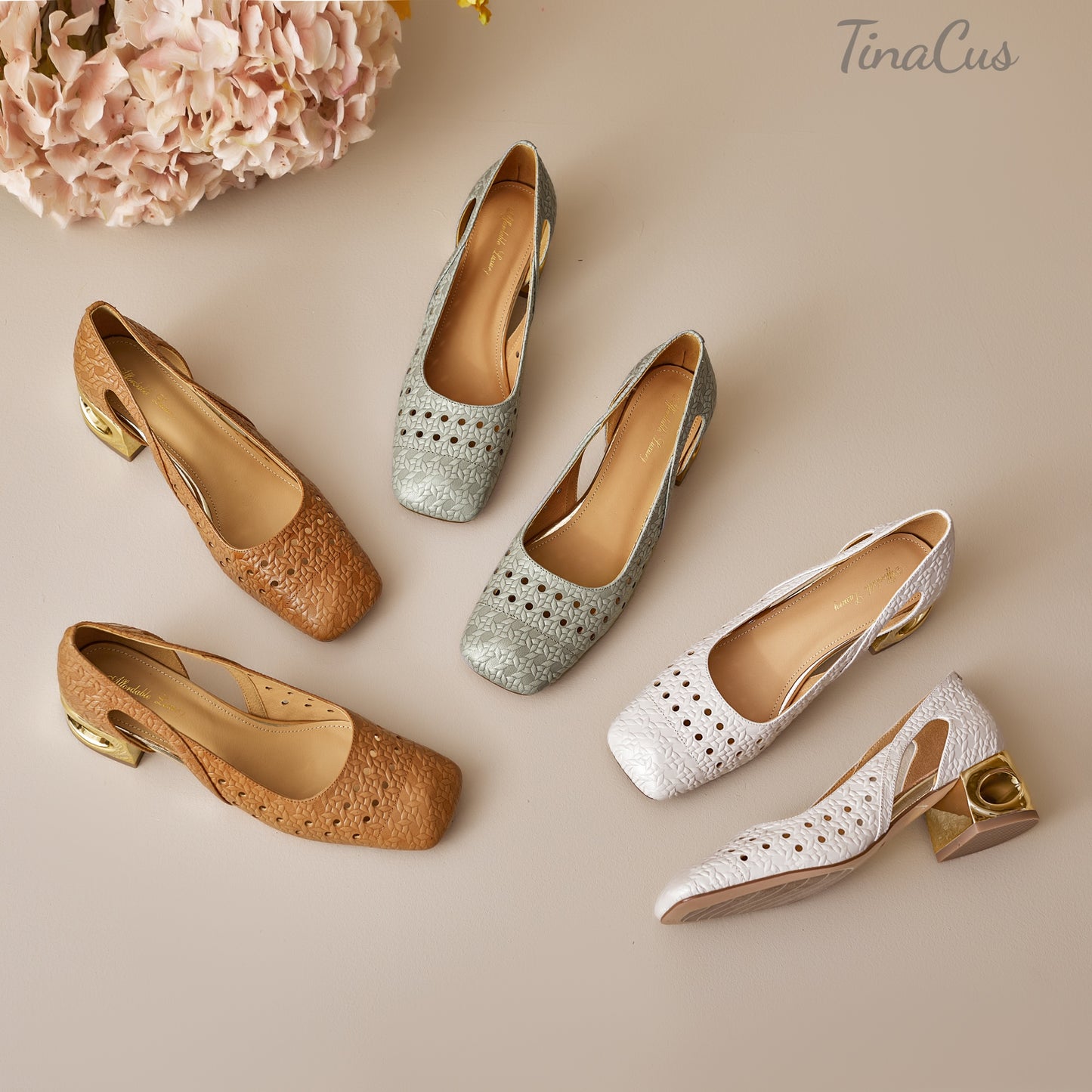 TinaCus Women's Square Toe Perforated Genuine Leather Cutout Pumps Handmade Low Heels Slip on Loafers Shoes