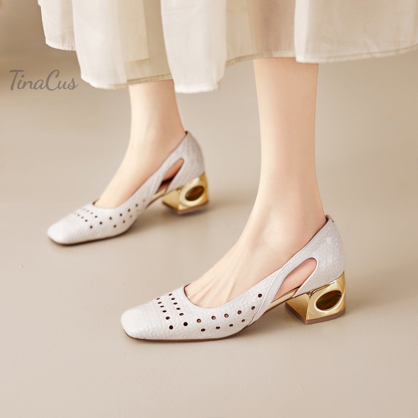 TinaCus Women's Square Toe Perforated Genuine Leather Cutout Pumps Handmade Low Heels Slip on Loafers Shoes