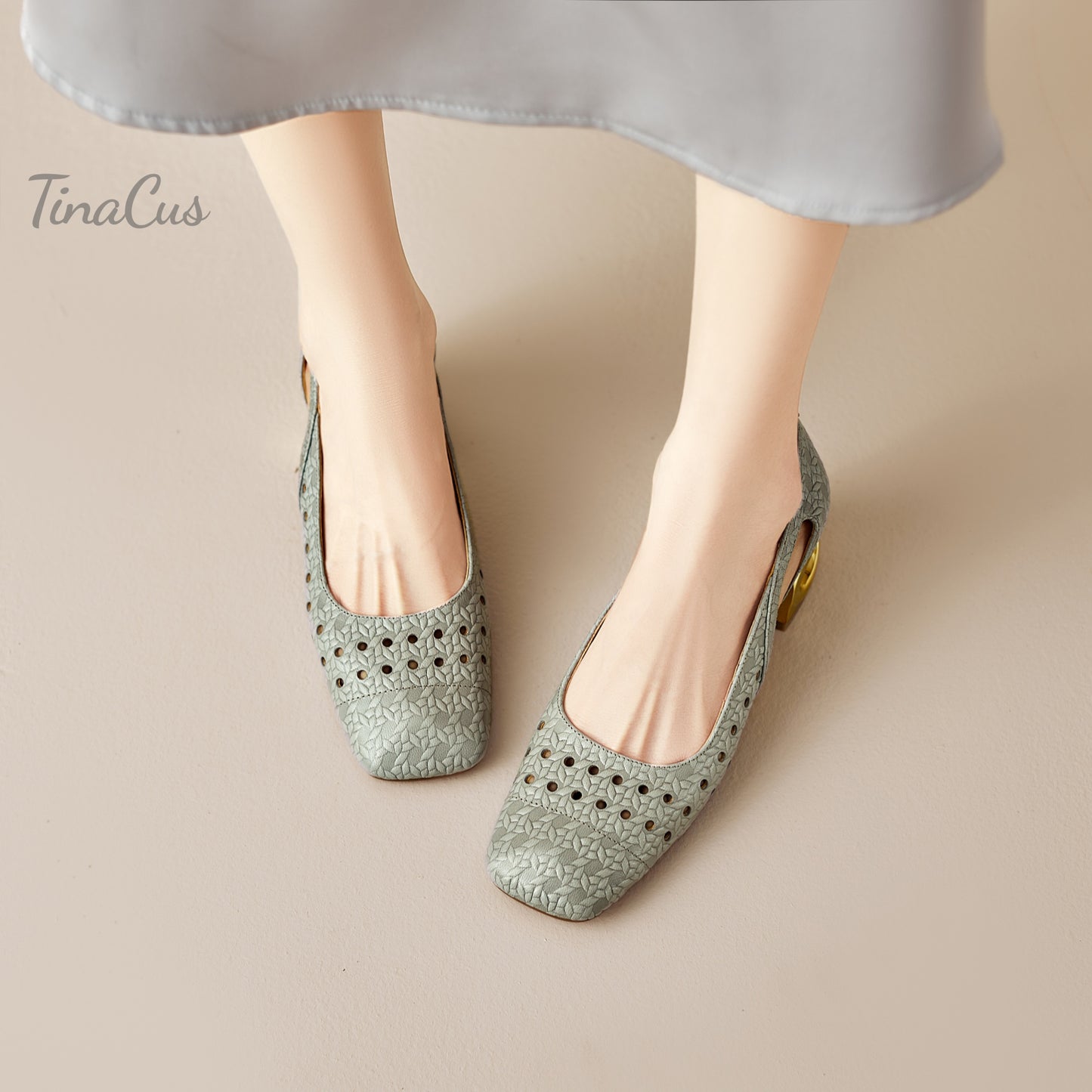 TinaCus Women's Square Toe Perforated Genuine Leather Cutout Pumps Handmade Low Heels Slip on Loafers Shoes