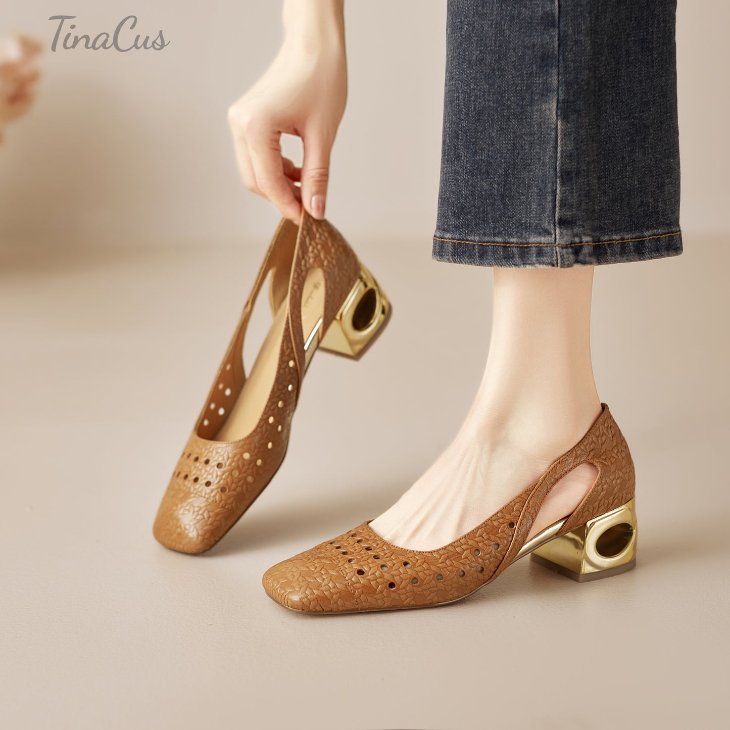 TinaCus Women's Square Toe Perforated Genuine Leather Cutout Pumps Handmade Low Heels Slip on Loafers Shoes