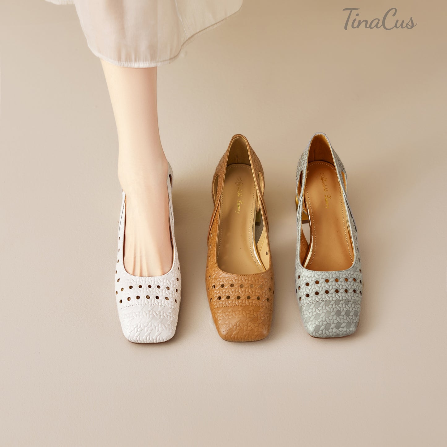 TinaCus Women's Square Toe Perforated Genuine Leather Cutout Pumps Handmade Low Heels Slip on Loafers Shoes