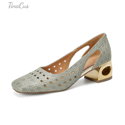 TinaCus Women's Square Toe Perforated Genuine Leather Cutout Pumps Handmade Low Heels Slip on Loafers Shoes