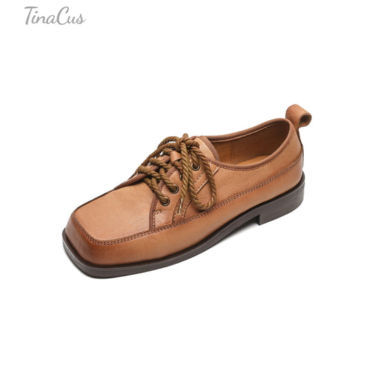 TinaCus Women's Square Toe Genuine Leather Handmade Selftie Flat Oxford Shoes