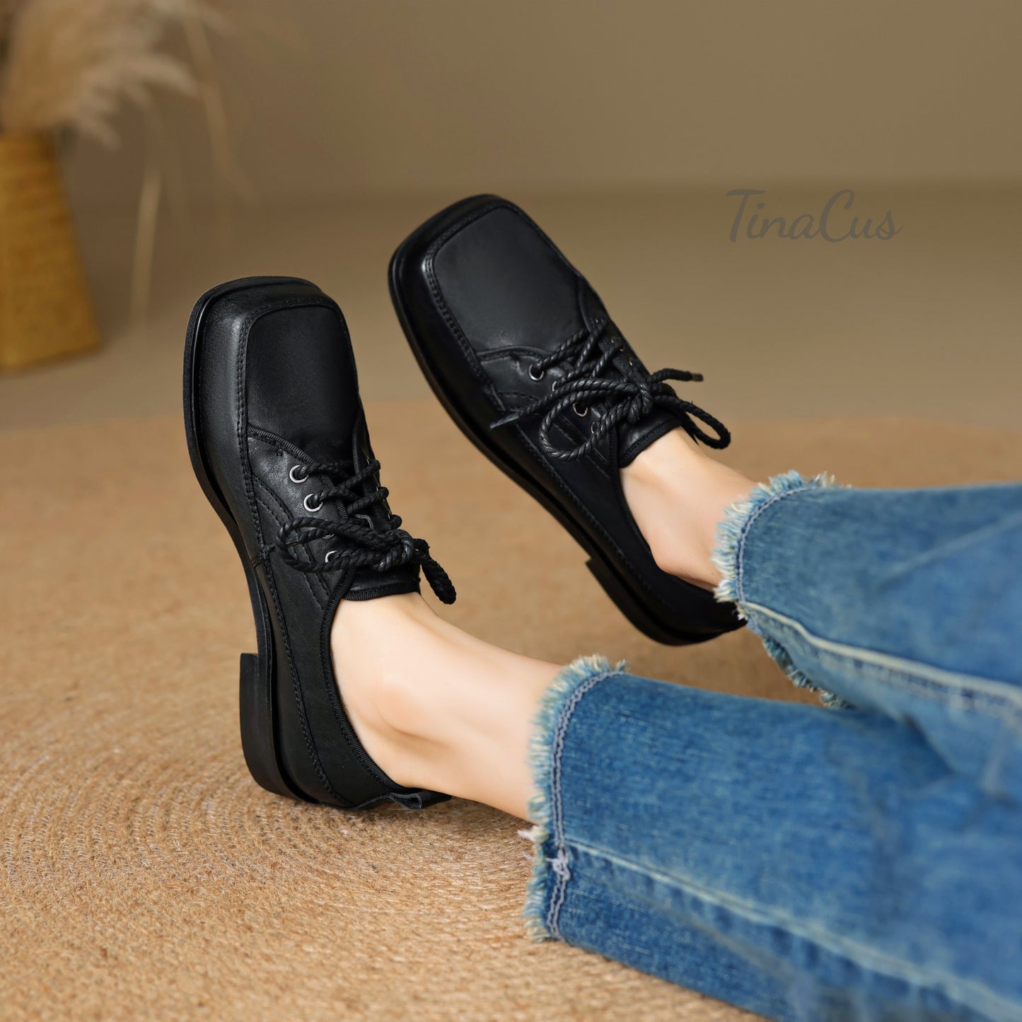 TinaCus Women's Square Toe Genuine Leather Handmade Selftie Flat Oxford Shoes