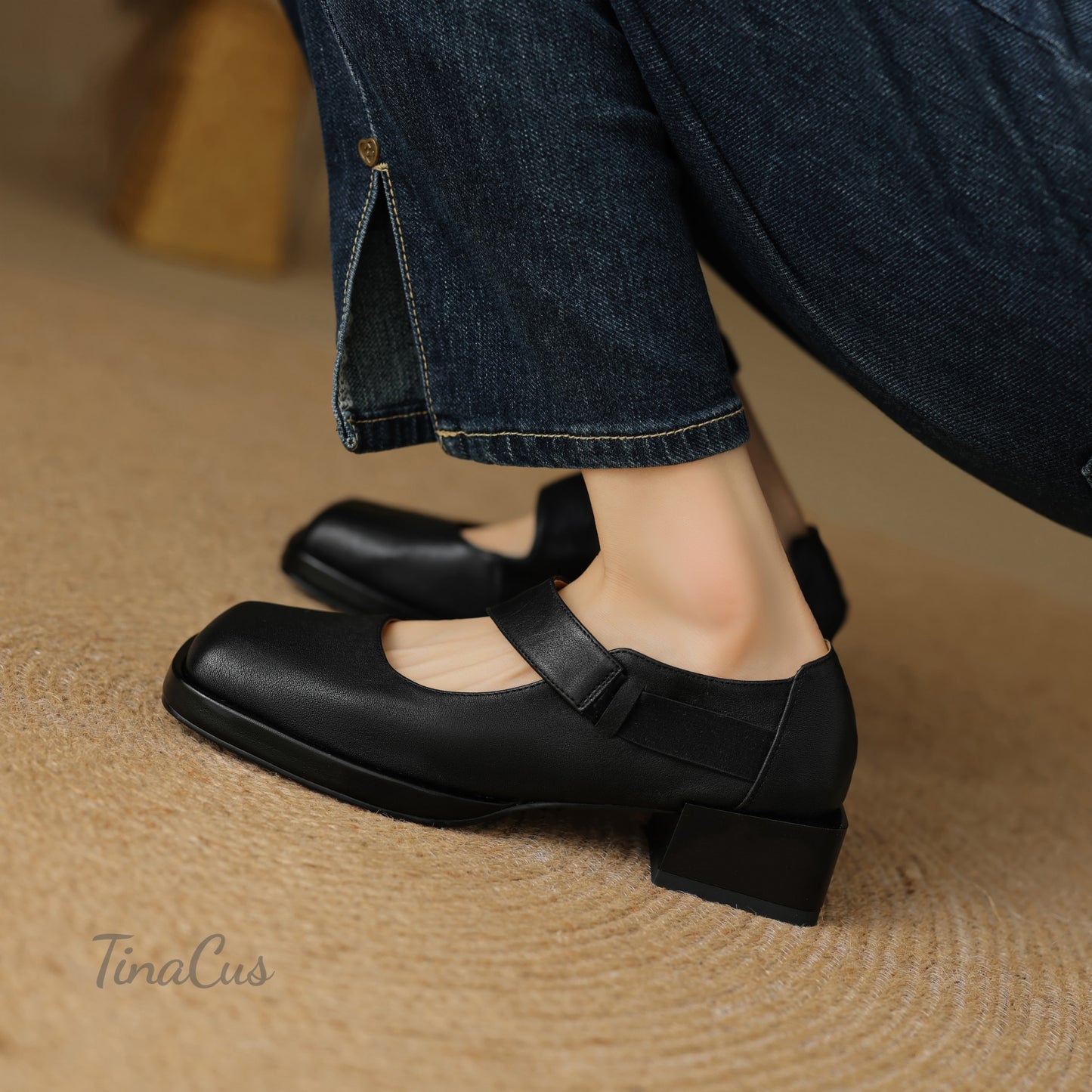 TinaCus Women's Square Toe Handmade Low Heels Genuine Leather Retro Loafers Shoes