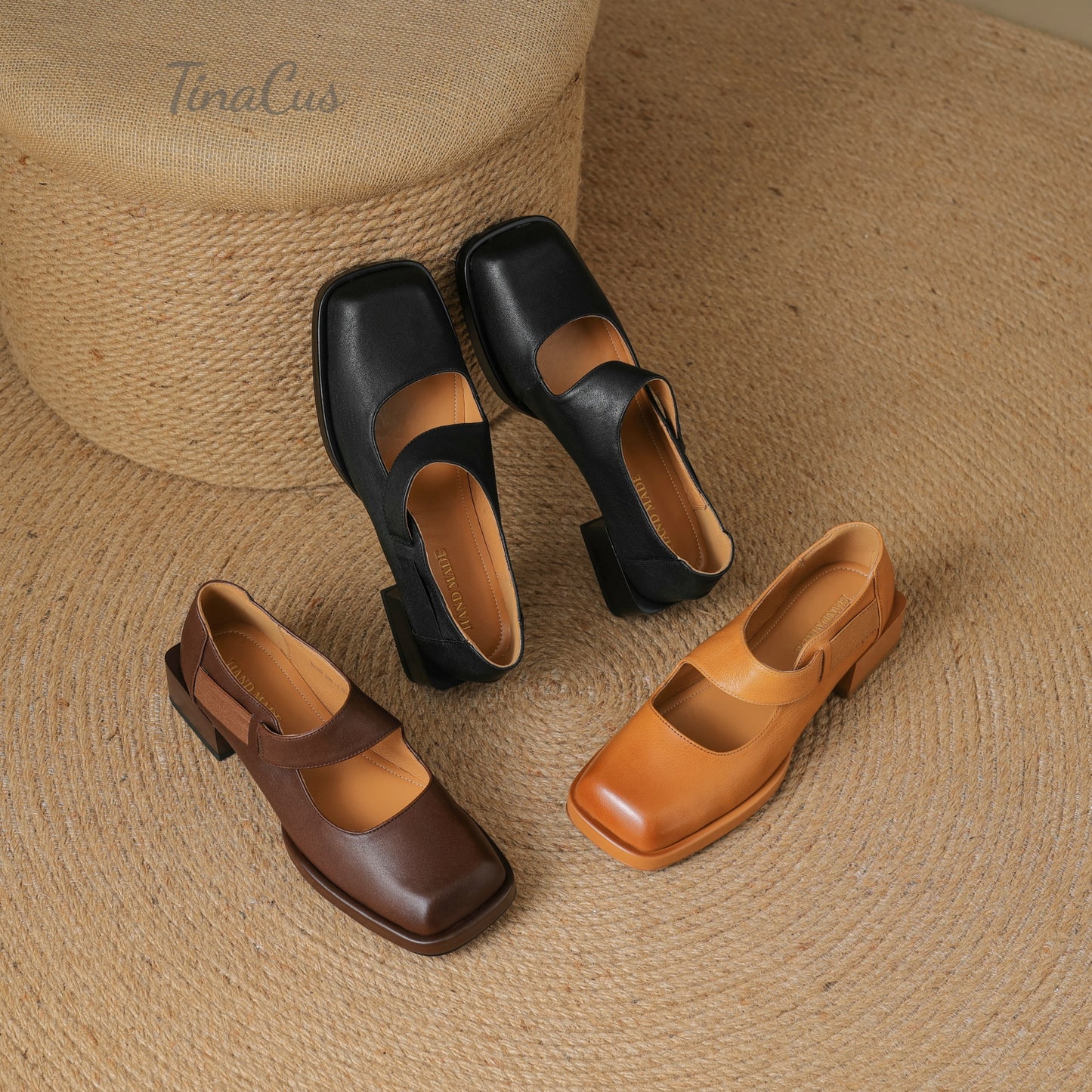 TinaCus Women's Square Toe Handmade Low Heels Genuine Leather Retro Loafers Shoes