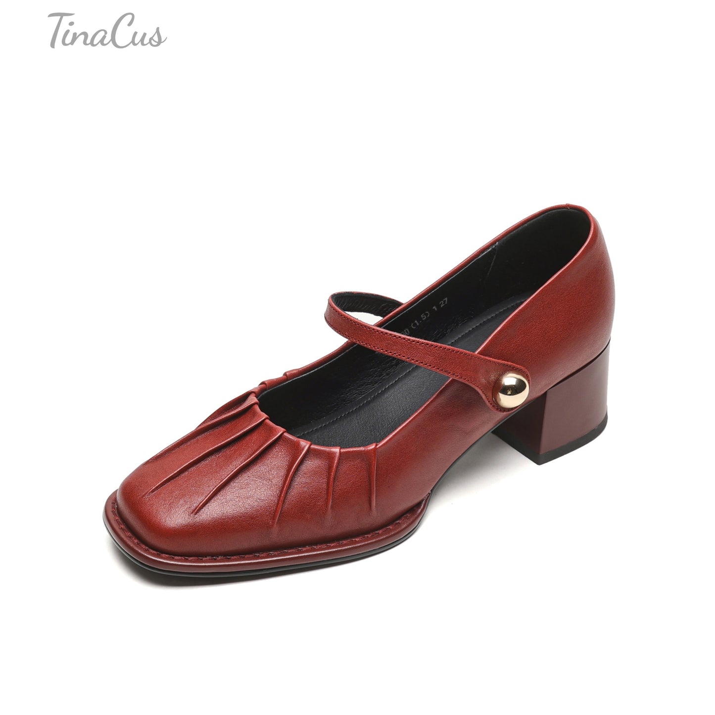 TinaCus Women's Round Toe Pleated Genuine Leather Handmade Chunky Heels Mary Jane Shoes