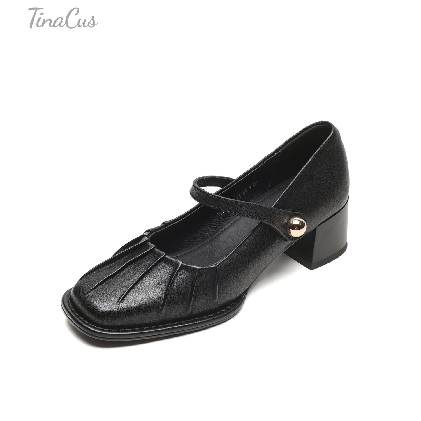 TinaCus Women's Round Toe Pleated Genuine Leather Handmade Chunky Heels Mary Jane Shoes