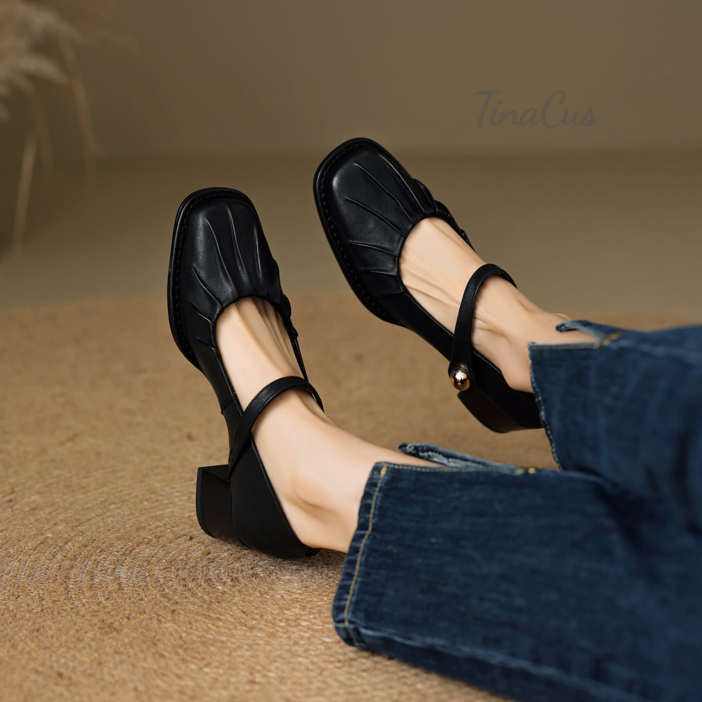 TinaCus Women's Round Toe Pleated Genuine Leather Handmade Chunky Heels Mary Jane Shoes