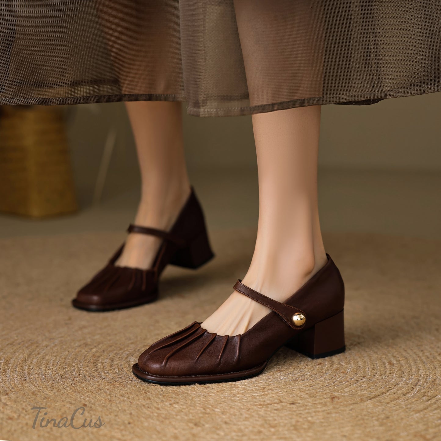 TinaCus Women's Round Toe Pleated Genuine Leather Handmade Chunky Heels Mary Jane Shoes