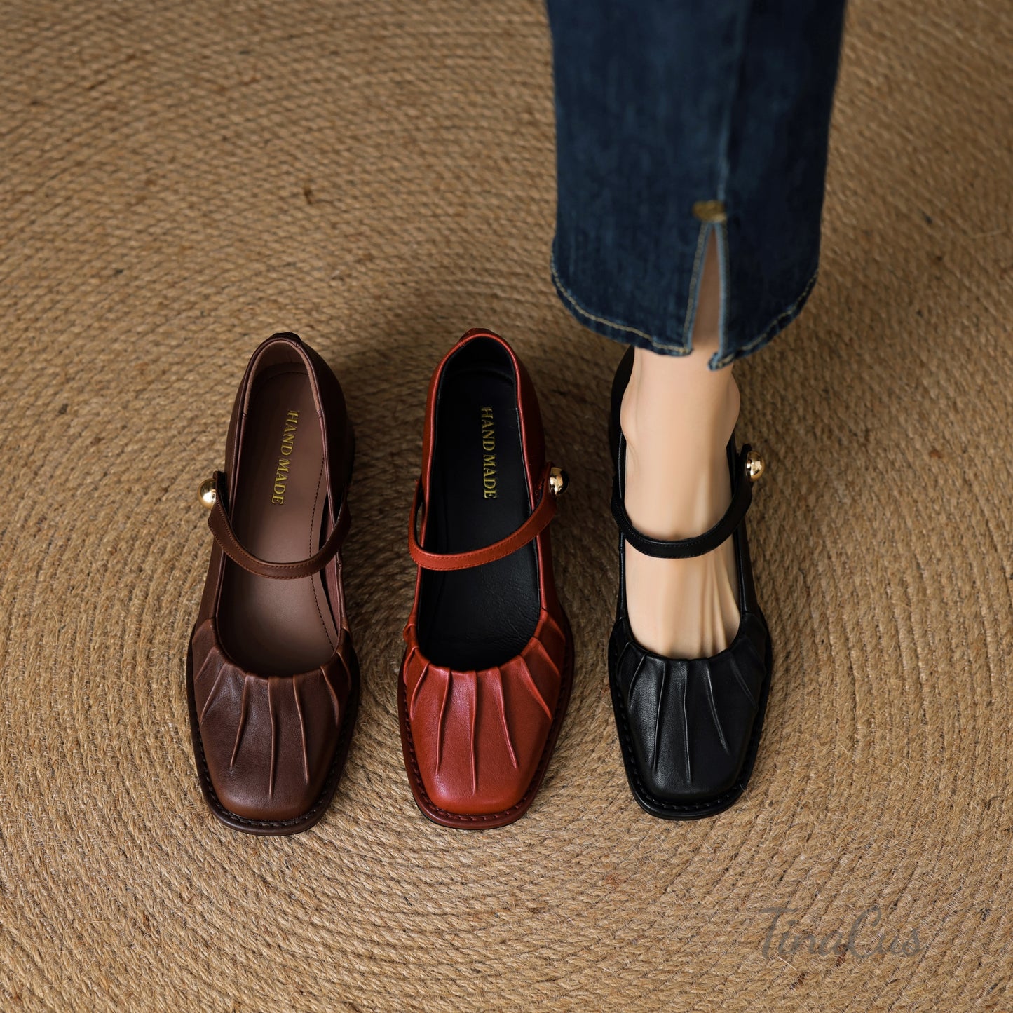 TinaCus Women's Round Toe Pleated Genuine Leather Handmade Chunky Heels Mary Jane Shoes
