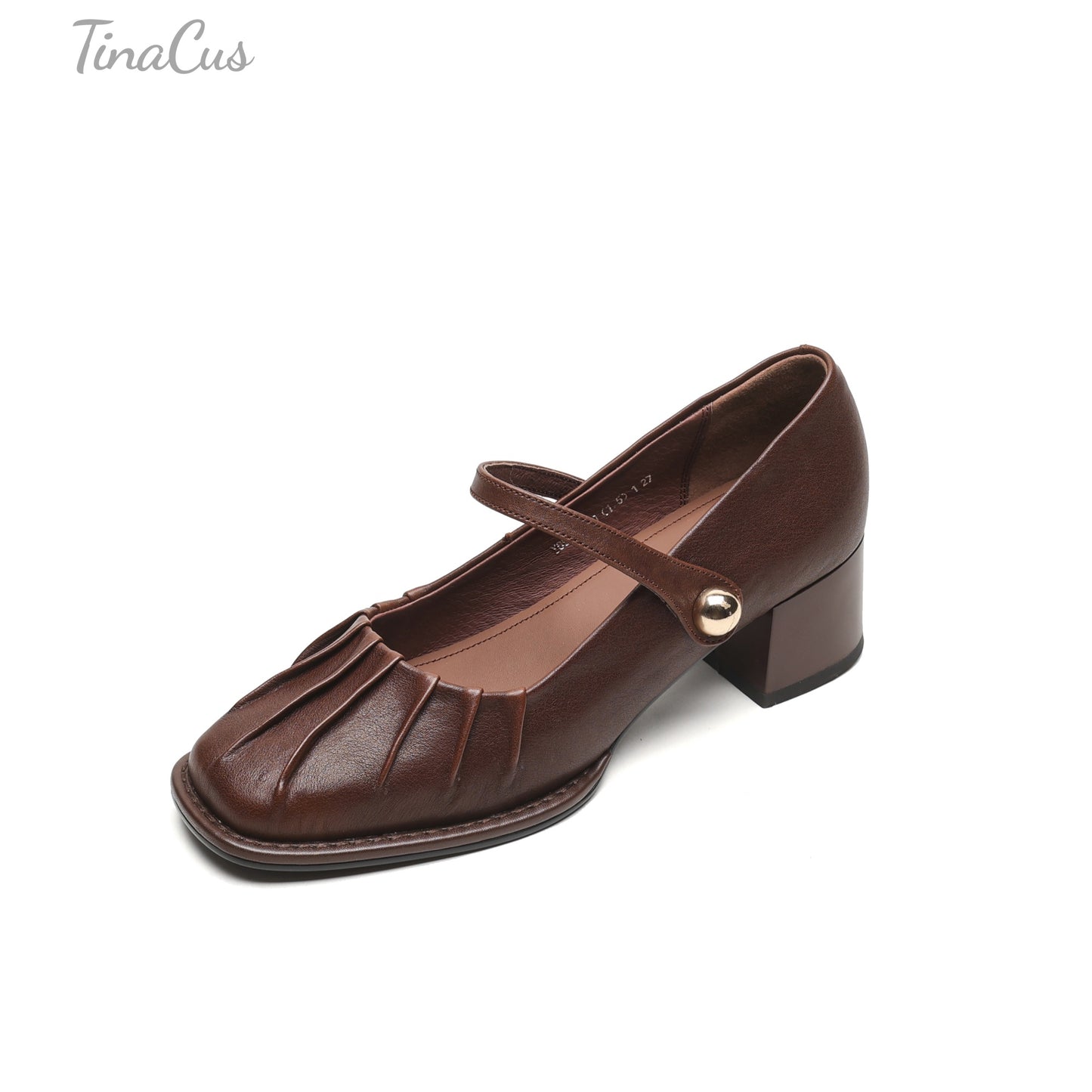 TinaCus Women's Round Toe Pleated Genuine Leather Handmade Chunky Heels Mary Jane Shoes