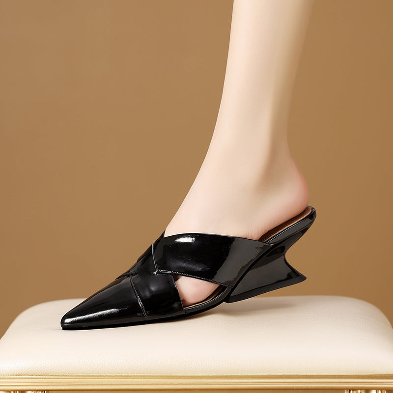 TinaCus Women's Pointed Toe Glossy Patent Leather Handmade Mid Heels Chic Sandal Slippers