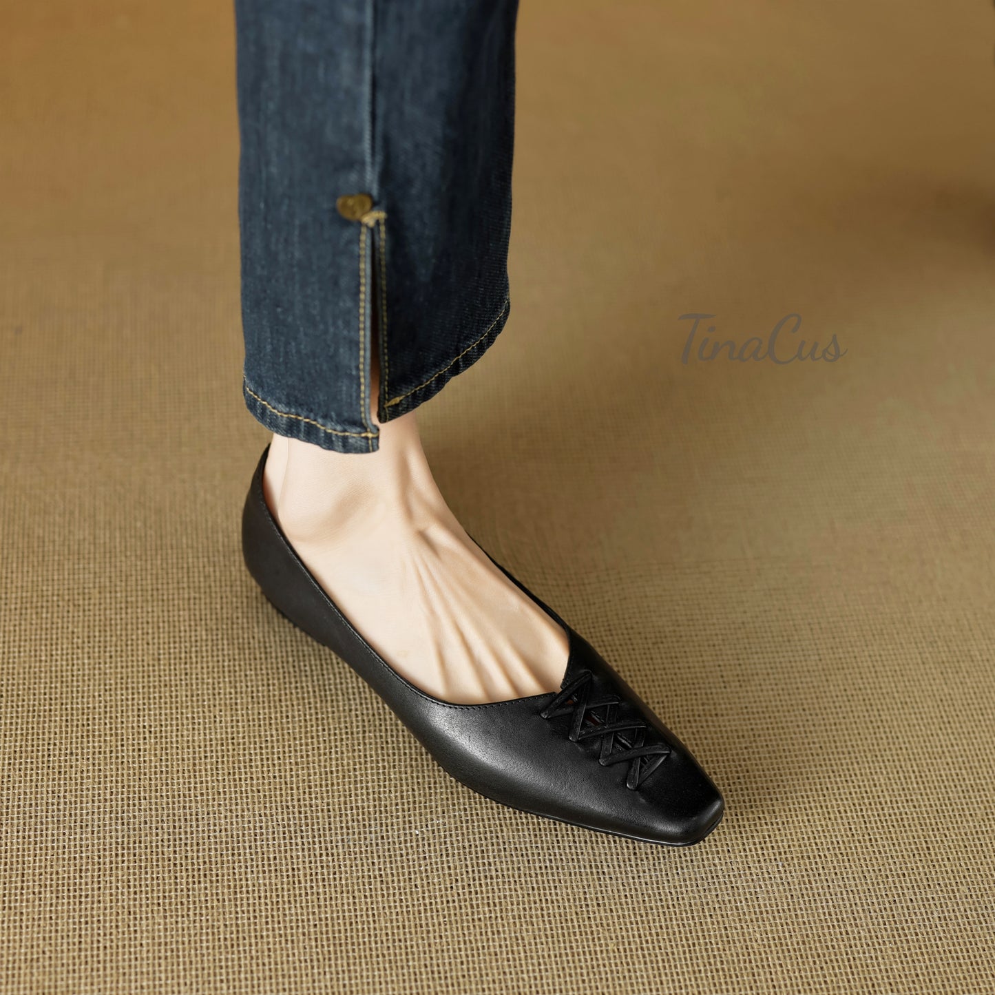 TinaCus Genuine Leather Women's Square Toe Handmade Flats Office Lady Slip on Loafers Shoes