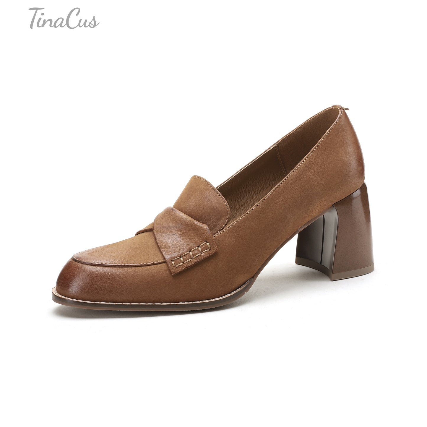 TinaCus Women's Round Toe Genuine Leather Handmade Mid Chunky Heels Slip On Retro Pumps Shoes