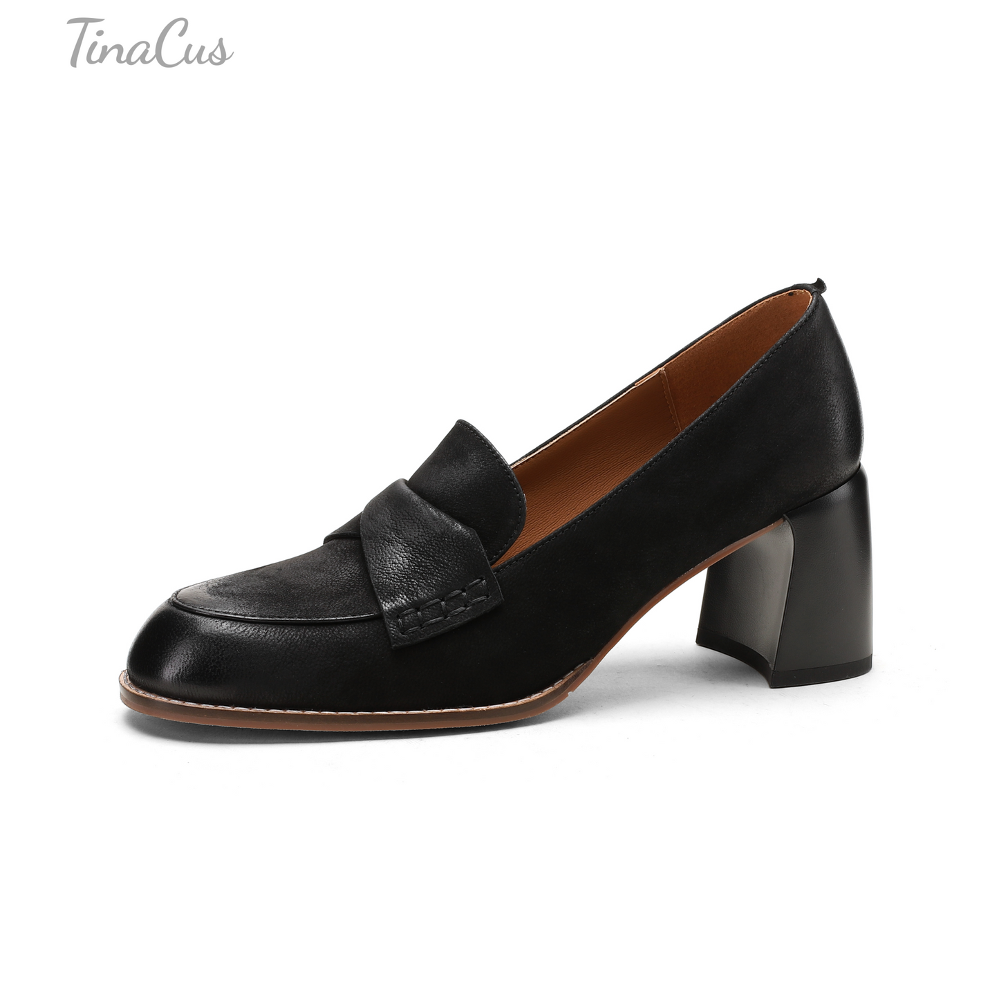 TinaCus Women's Round Toe Genuine Leather Handmade Mid Chunky Heels Slip On Retro Pumps Shoes