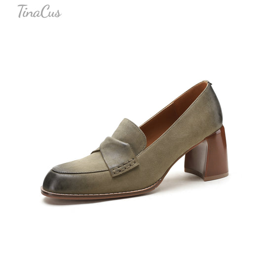 TinaCus Women's Round Toe Genuine Leather Handmade Mid Chunky Heels Slip On Retro Pumps Shoes