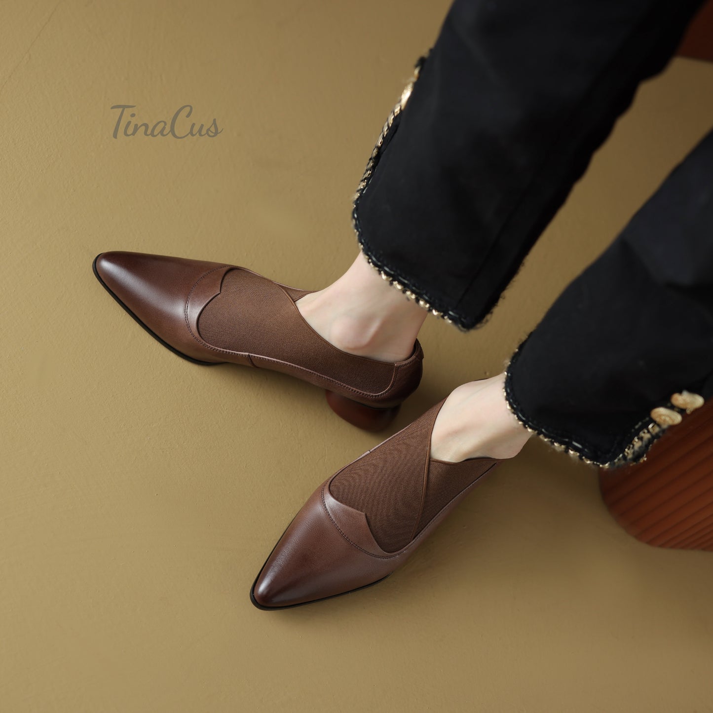 TinaCus Pointed Toe Genuine Leather & Elastic Fabric Handmade Cone Heels Women's Casual Pumps Shoes