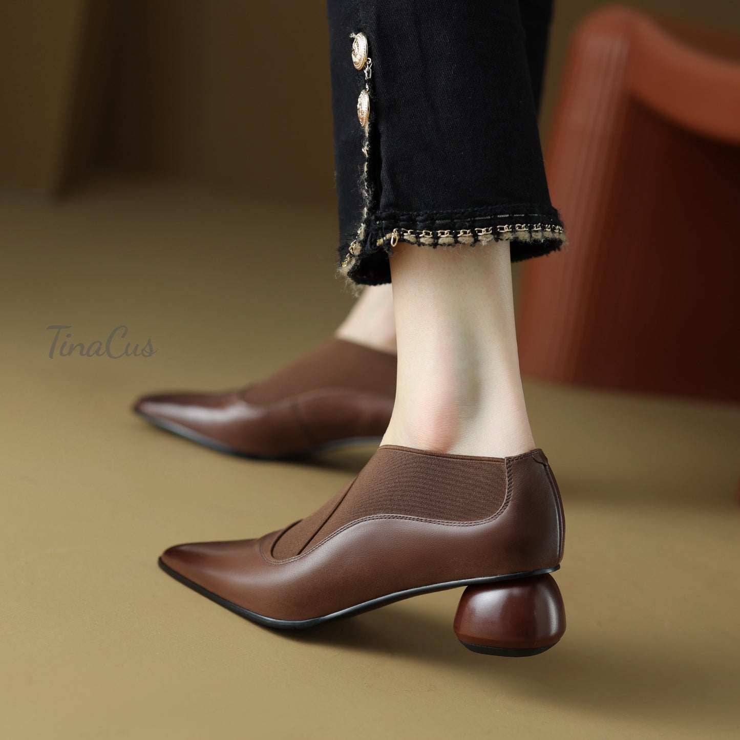 TinaCus Pointed Toe Genuine Leather & Elastic Fabric Handmade Cone Heels Women's Casual Pumps Shoes
