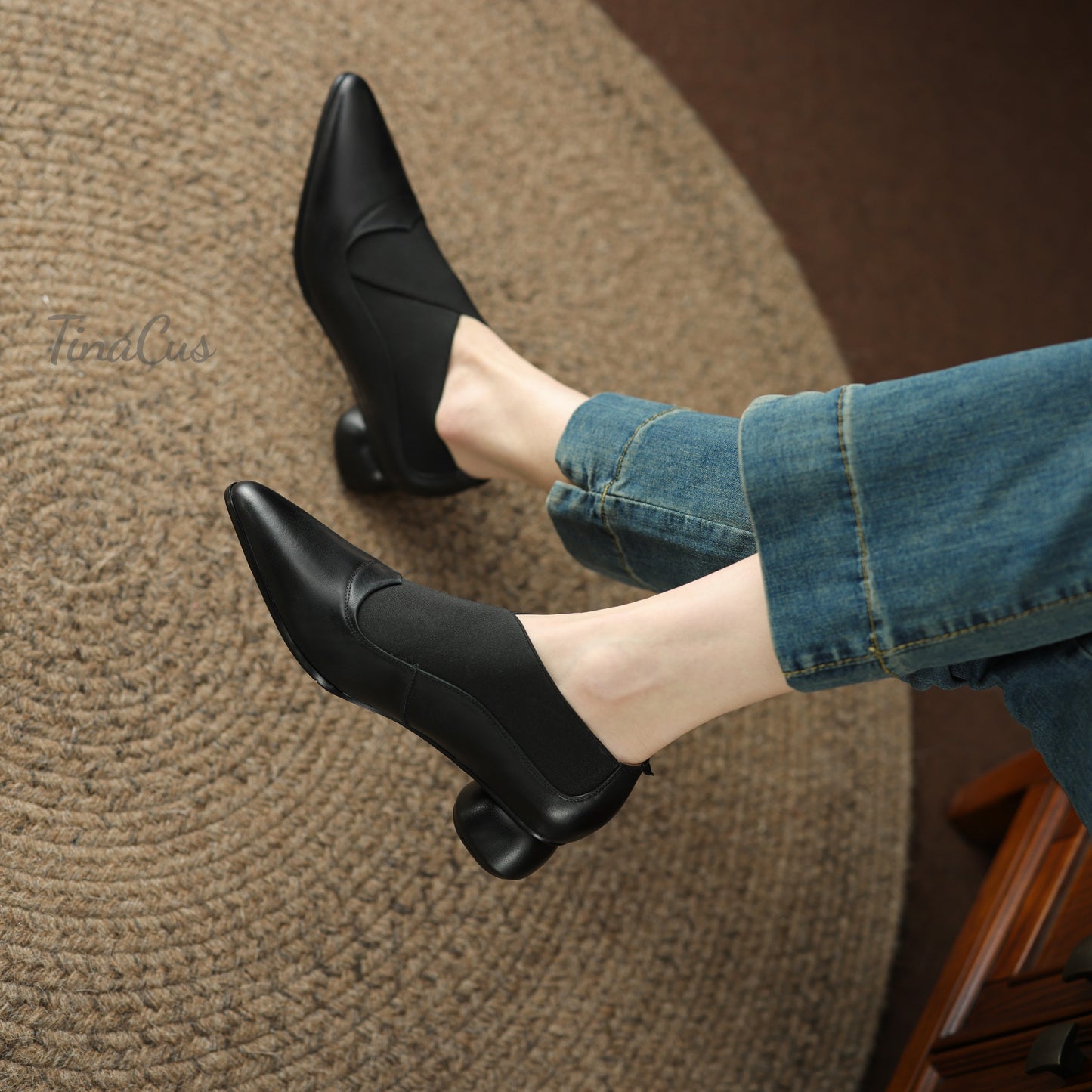 TinaCus Pointed Toe Genuine Leather & Elastic Fabric Handmade Cone Heels Women's Casual Pumps Shoes