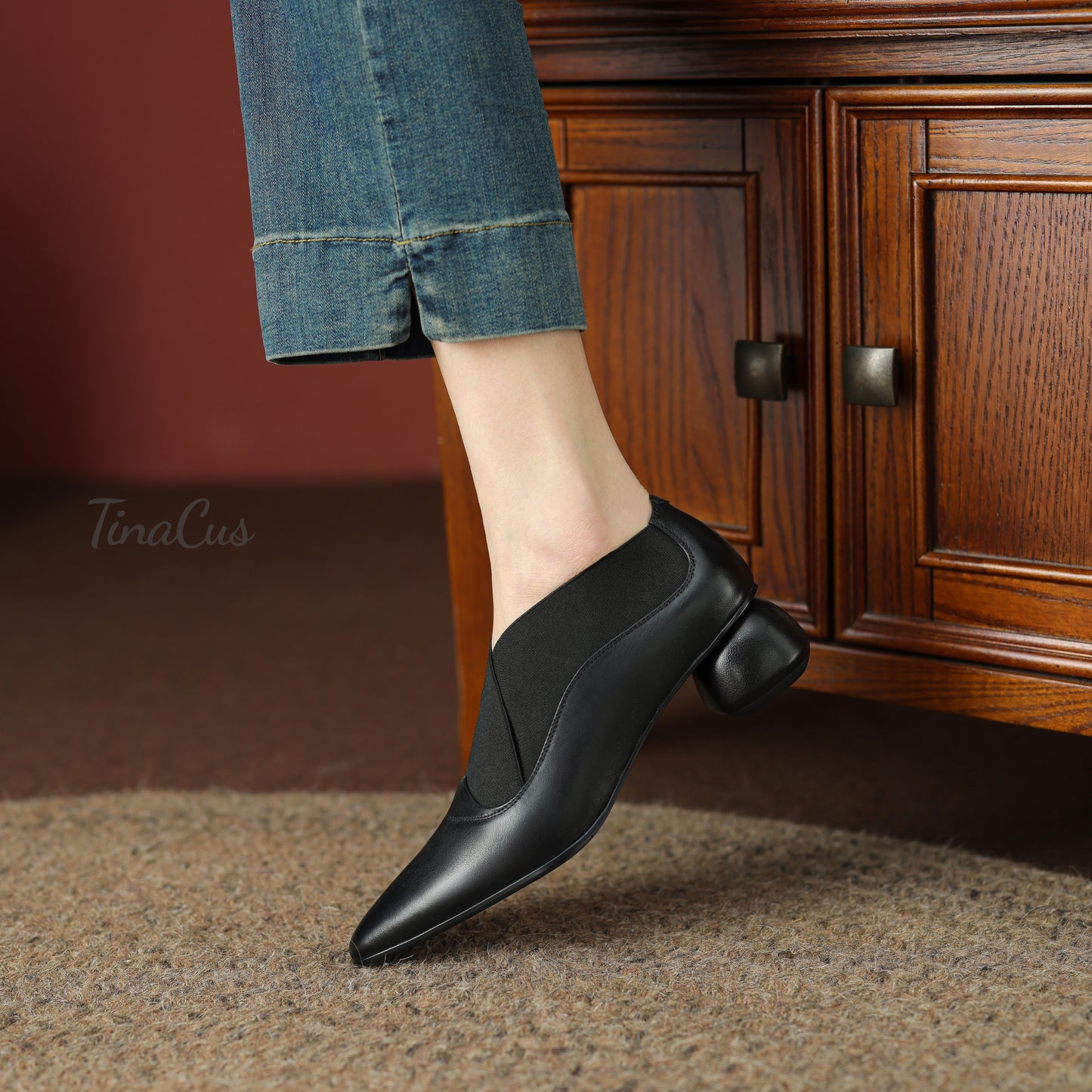 TinaCus Pointed Toe Genuine Leather & Elastic Fabric Handmade Cone Heels Women's Casual Pumps Shoes