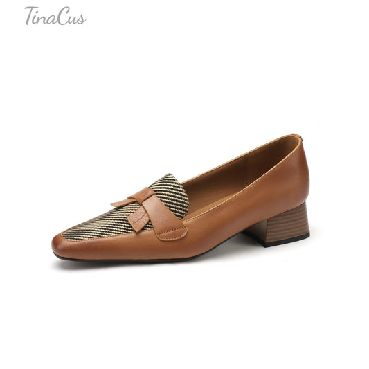 TinaCus Women's Round Toe Genuine Leather & Stripe Fabric Handmade Bowknot Low Chunky Heels Loafers Shoes