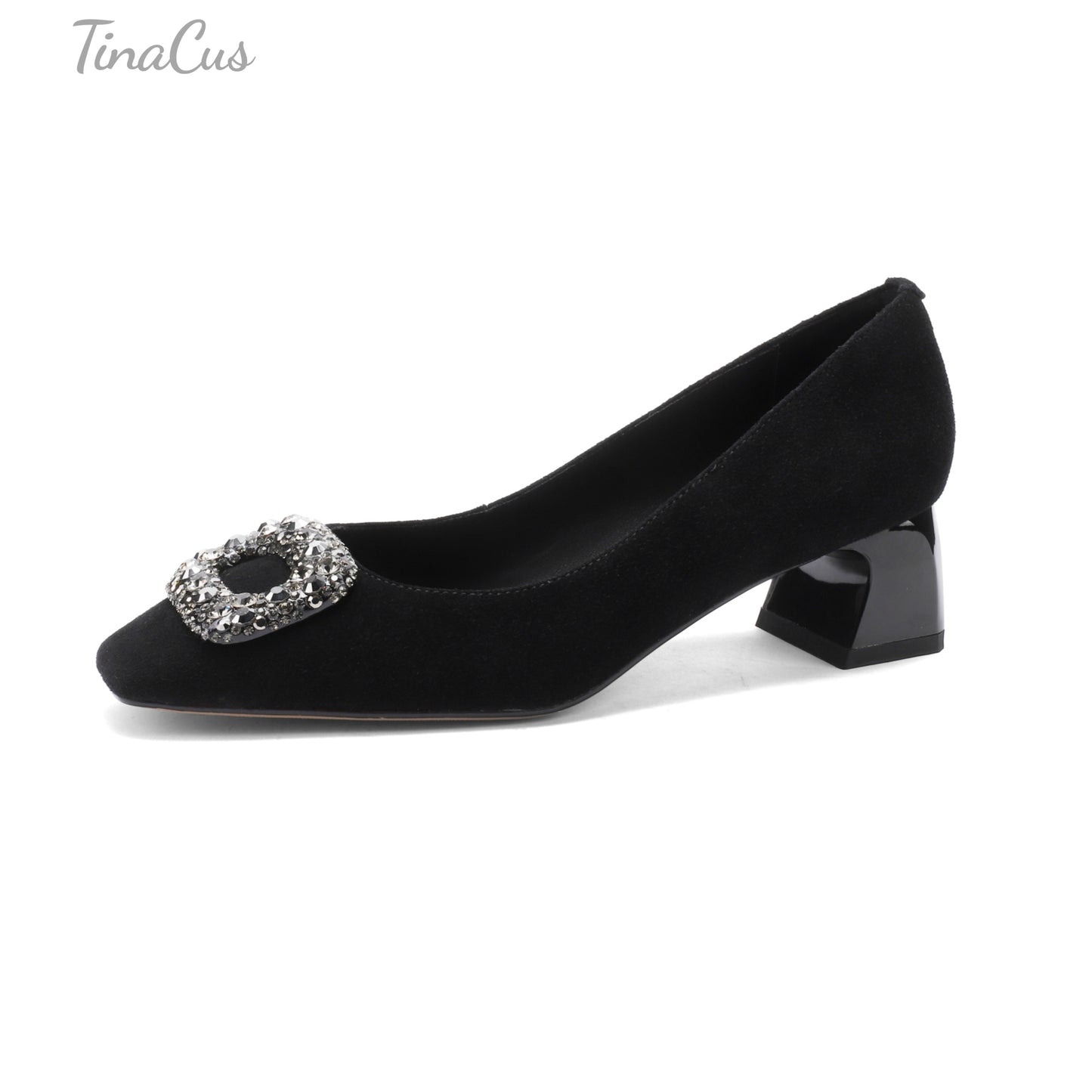 TinaCus Handmade Rhinestones Buckle Women's Low Blick Heels Square Toe Suede Leather Pumps Shoes