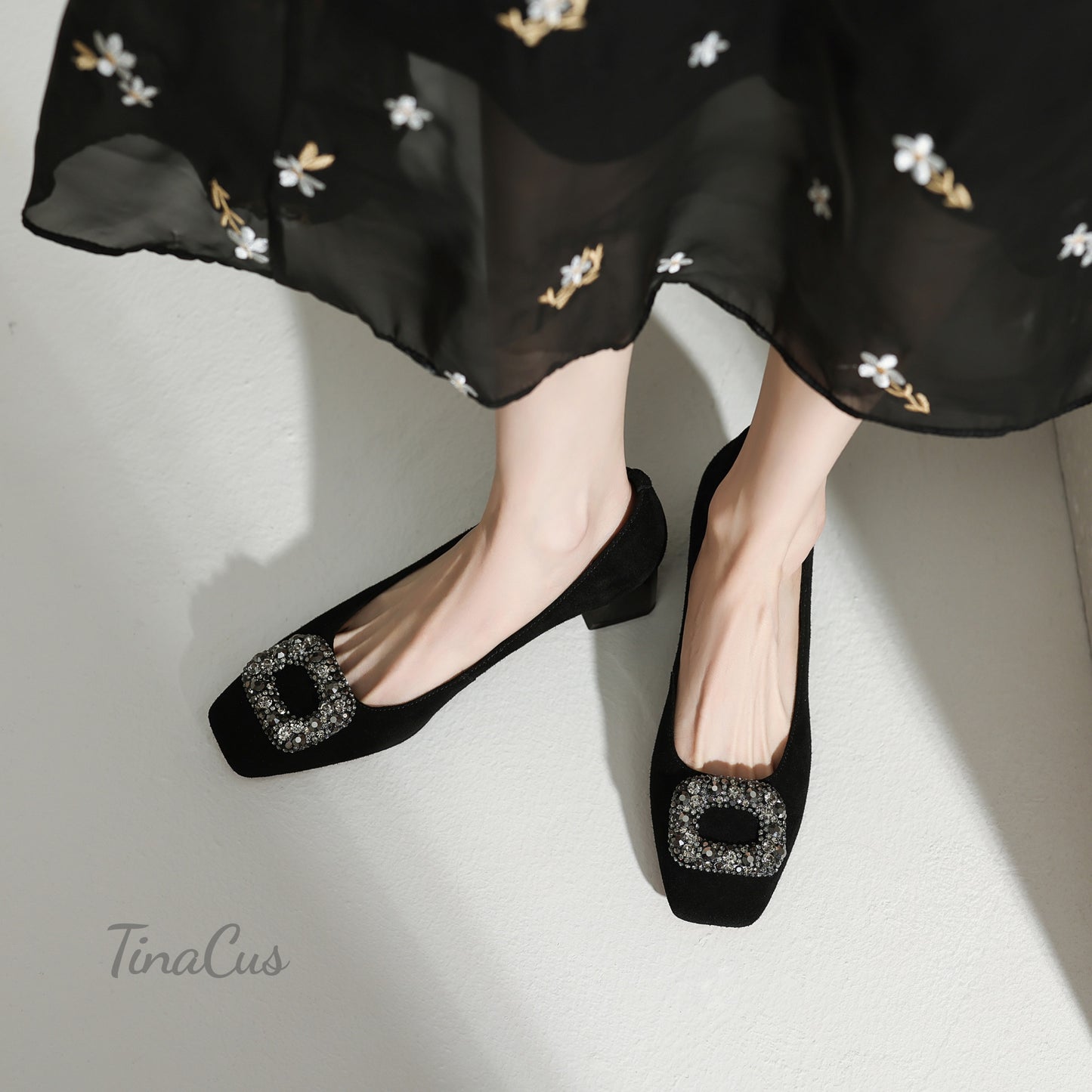 TinaCus Handmade Rhinestones Buckle Women's Low Blick Heels Square Toe Suede Leather Pumps Shoes