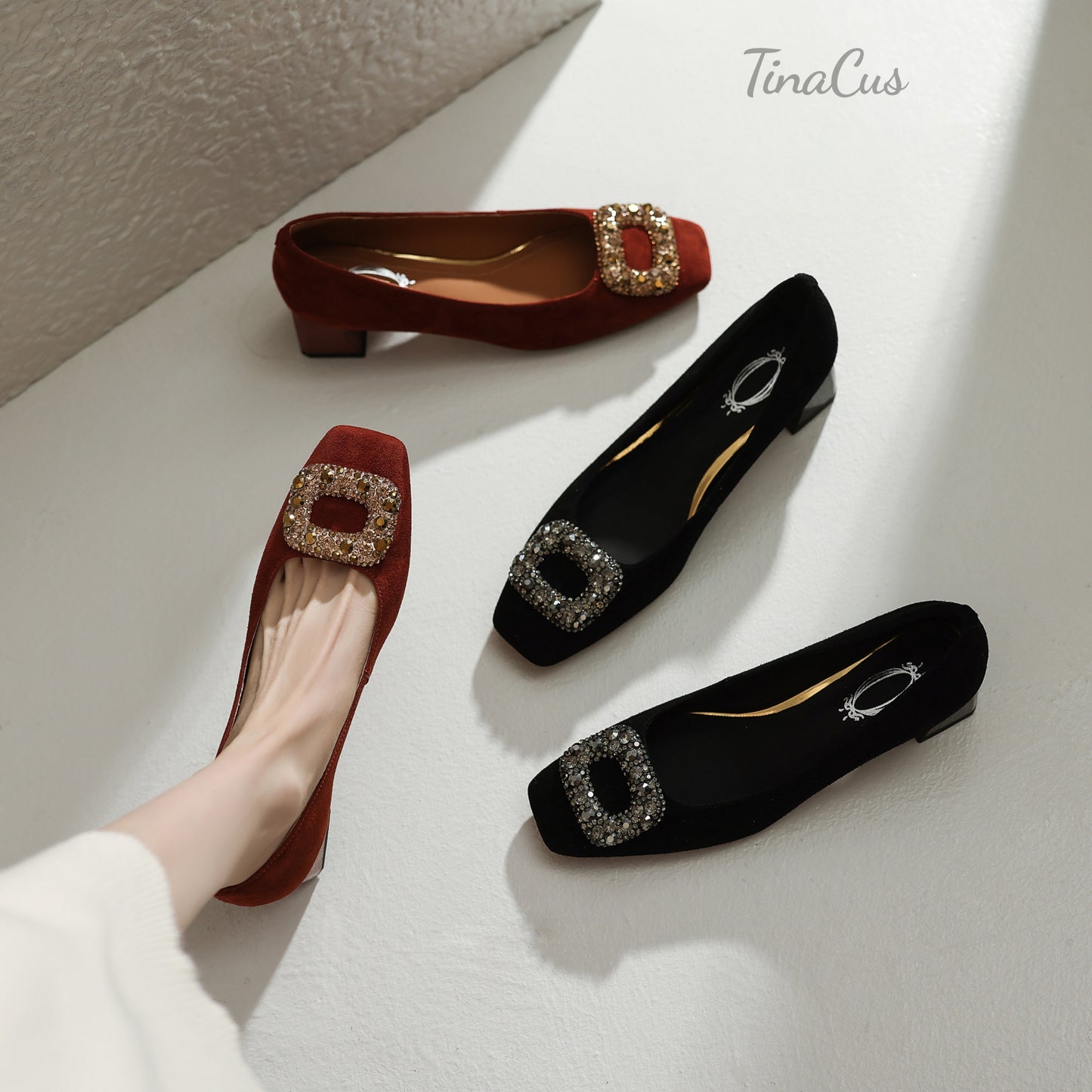 TinaCus Handmade Rhinestones Buckle Women's Low Blick Heels Square Toe Suede Leather Pumps Shoes