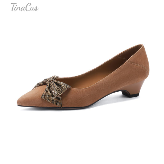 TinaCus Soft Suede Leather Handmade Bowknot Women's Pointed Toe Low Heels Cute Pumps Shoes