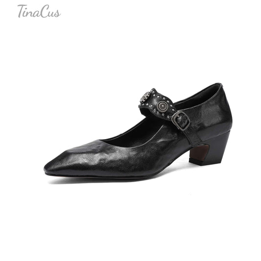 TinaCus Women's Mary Jane Handmade Genuine Leather Square Toe Strap Buckle Chunky Heel Dress Pumps Shoes