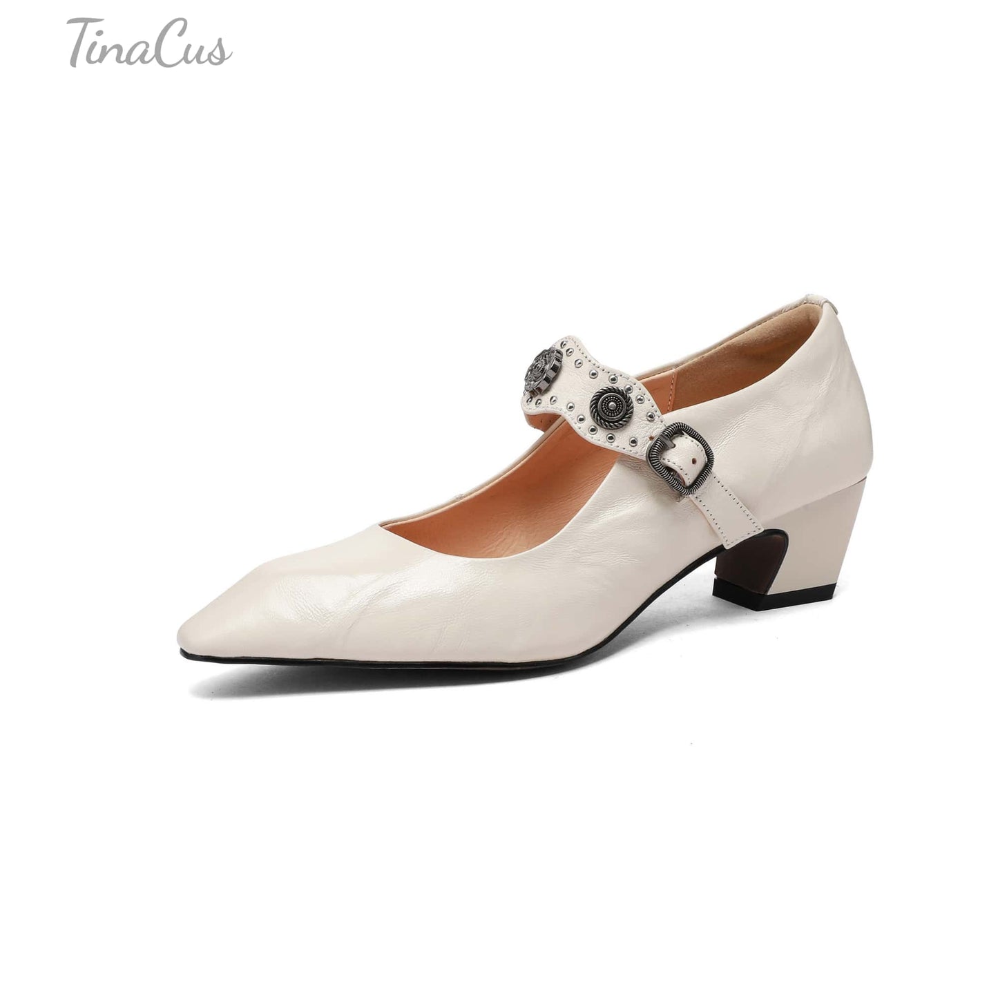 TinaCus Women's Mary Jane Handmade Genuine Leather Square Toe Strap Buckle Chunky Heel Dress Pumps Shoes