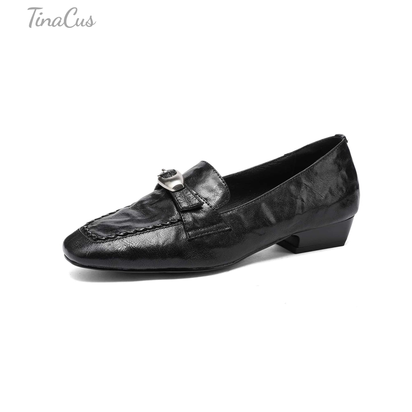 TinaCus Women's Penny Loafers Genuine Leather Handmade Square Toe Decorated Buckle Stylish Comfortable Shoes