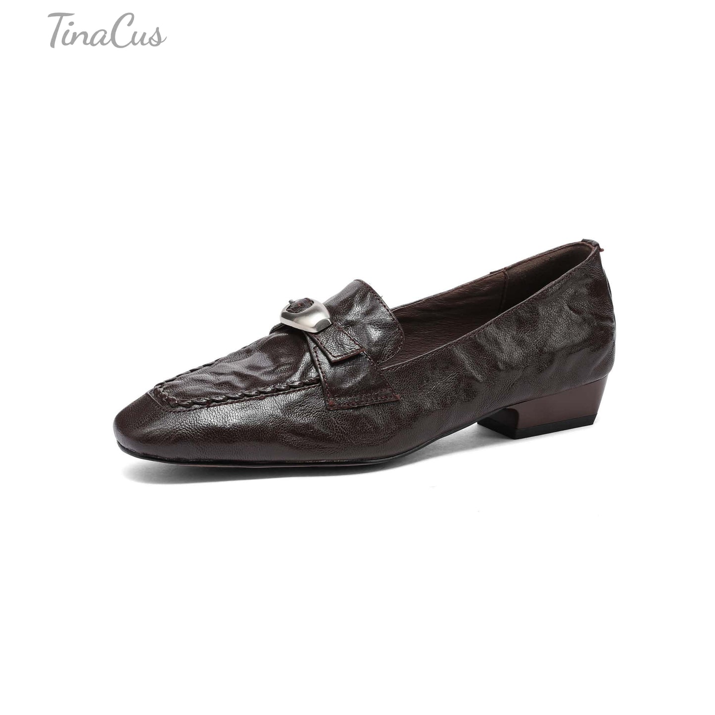 TinaCus Women's Penny Loafers Genuine Leather Handmade Square Toe Decorated Buckle Stylish Comfortable Shoes