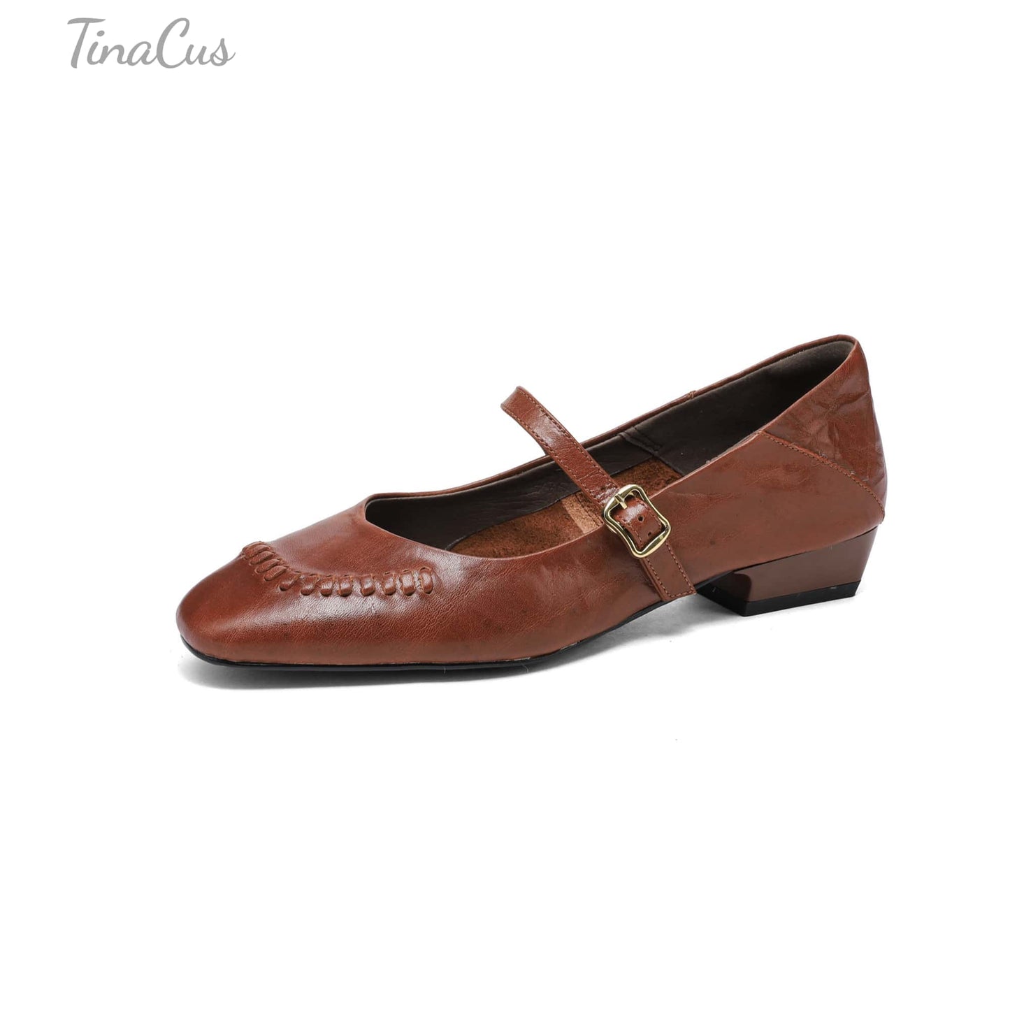 TinaCus Women's Square Toe Mary Jane Shoes Genuine Leather Handmade Slip On Adjustable Strap Flats Daily Casual