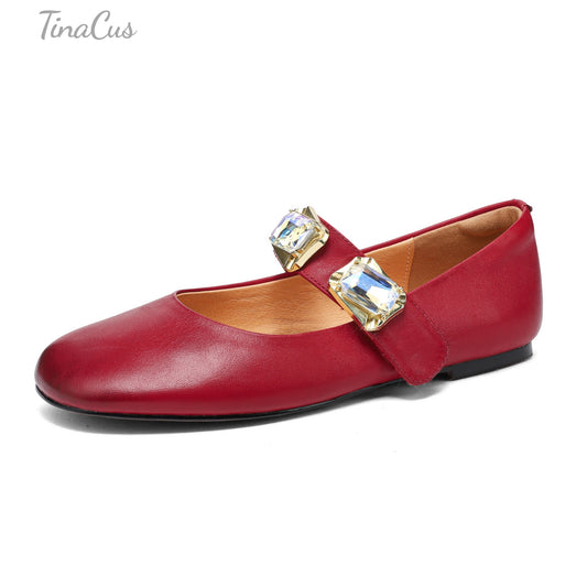 TinaCus Genuine Leather Handmade Crystal Women's Round Toe Comfortable Flat Mary Jane Shoes