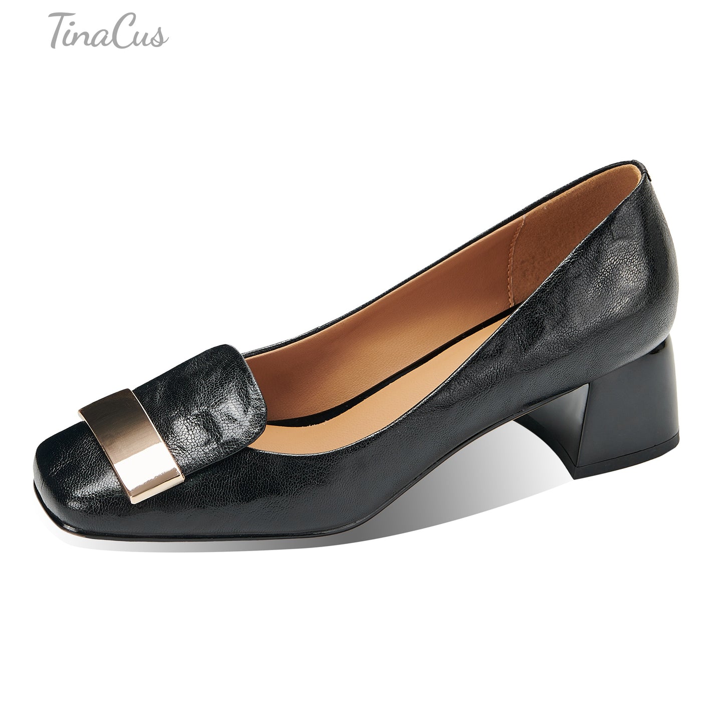 TinaCus Genuine Leather Women's Pumps Handmade Square Toe Low Heel Office Dress Shoes with Metallic Buckle