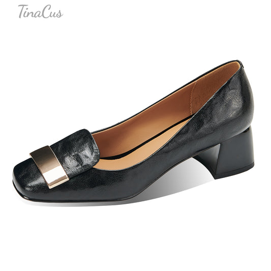 TinaCus Genuine Leather Women's Pumps Handmade Square Toe Low Heel Office Dress Shoes with Metallic Buckle