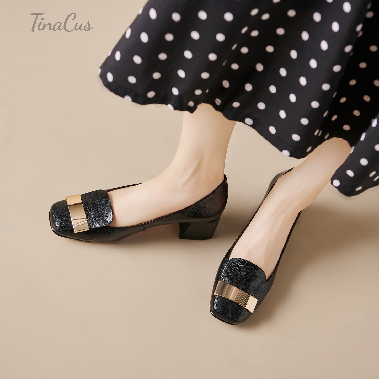 TinaCus Genuine Leather Women's Pumps Handmade Square Toe Low Heel Office Dress Shoes with Metallic Buckle