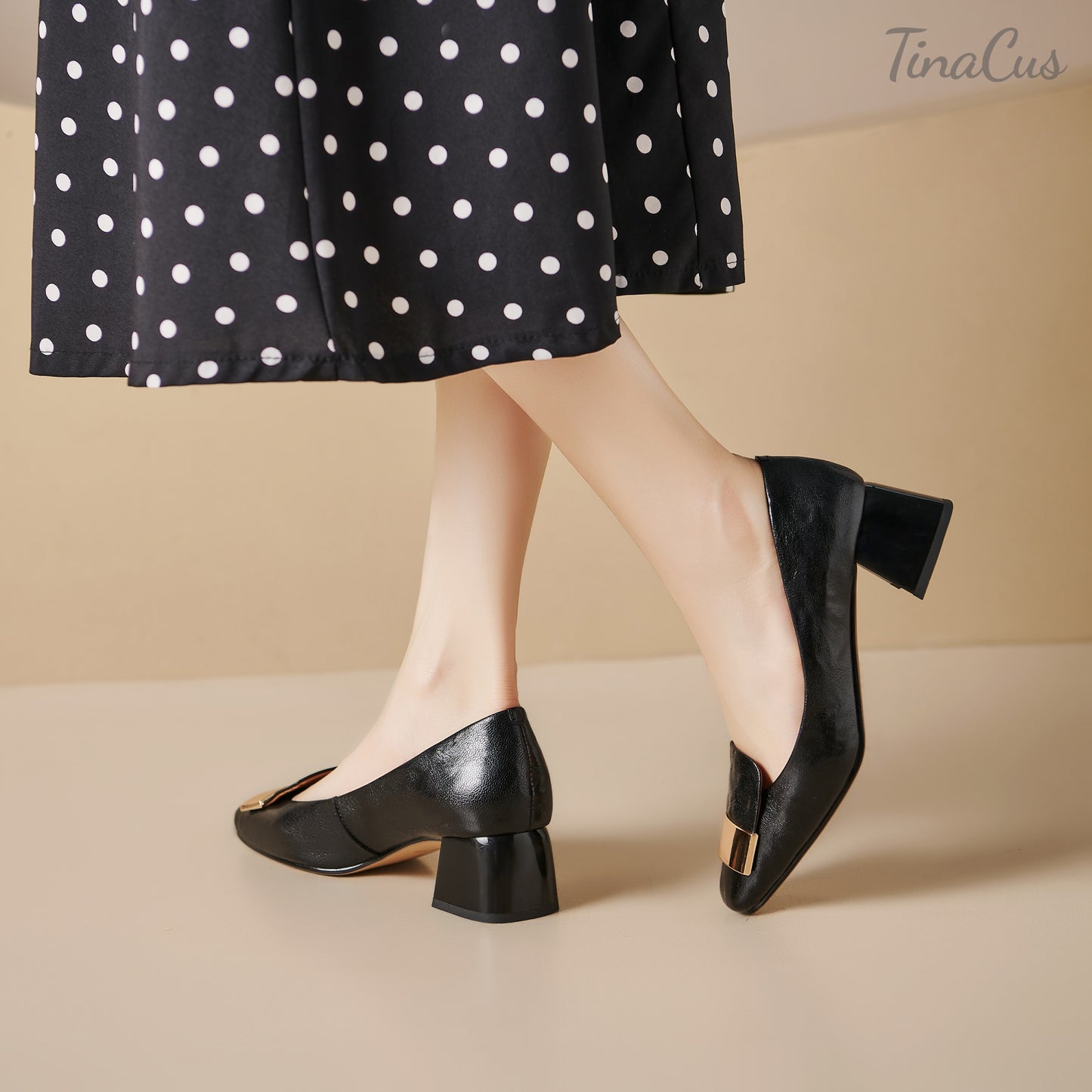 TinaCus Genuine Leather Women's Pumps Handmade Square Toe Low Heel Office Dress Shoes with Metallic Buckle