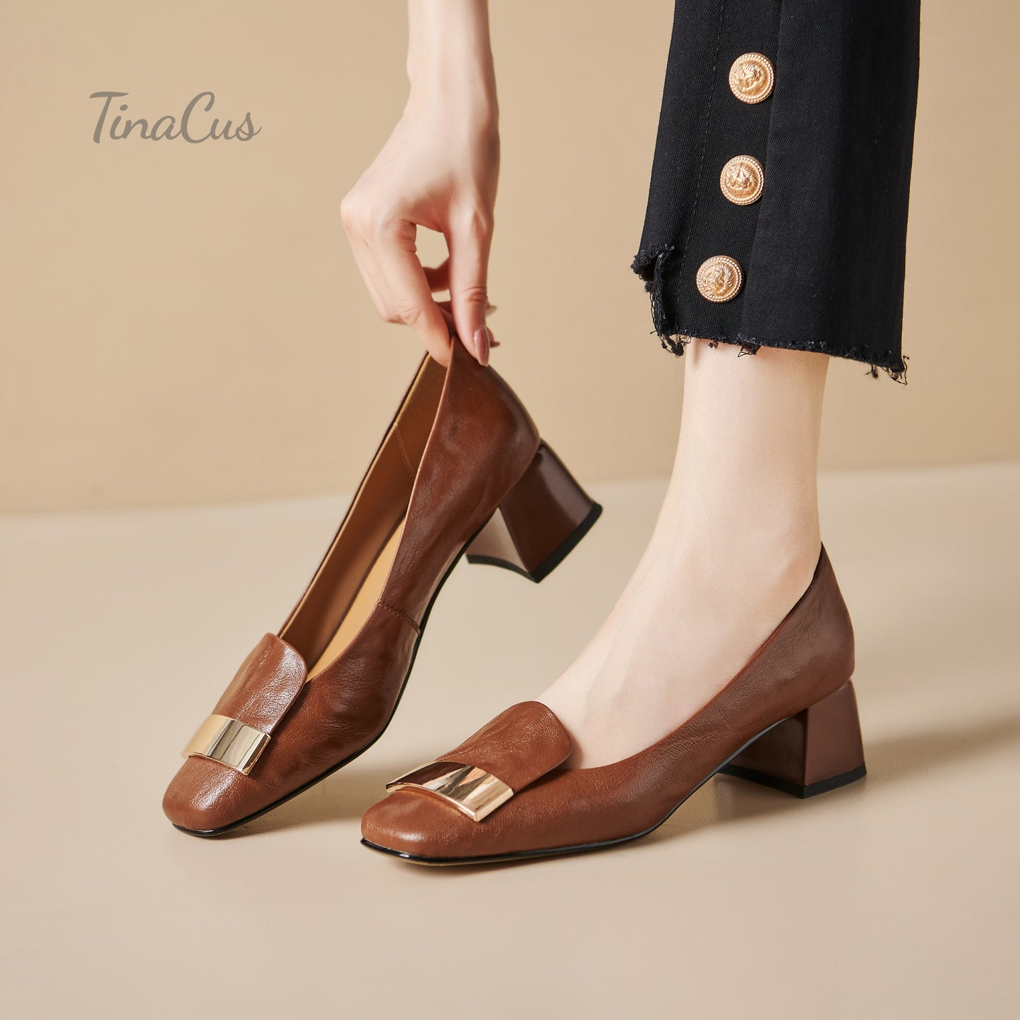 TinaCus Genuine Leather Women's Pumps Handmade Square Toe Low Heel Office Dress Shoes with Metallic Buckle