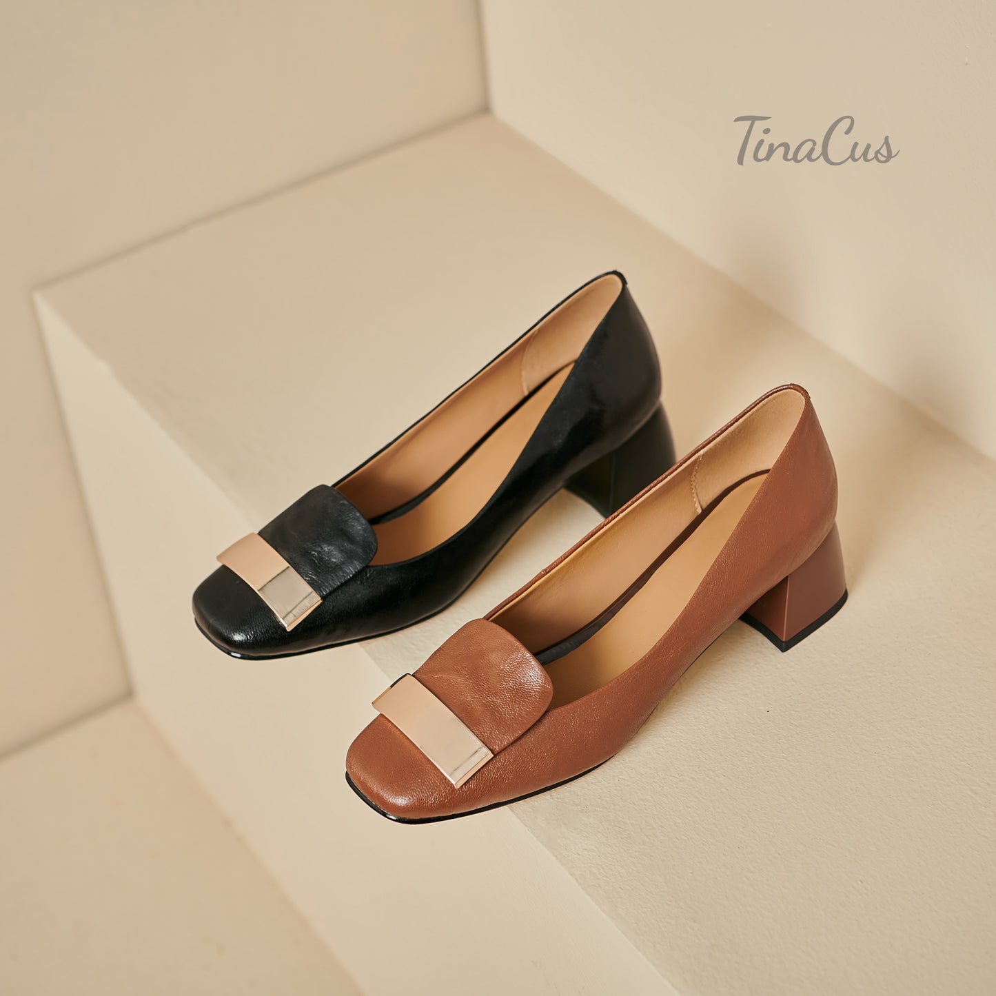 TinaCus Genuine Leather Women's Pumps Handmade Square Toe Low Heel Office Dress Shoes with Metallic Buckle