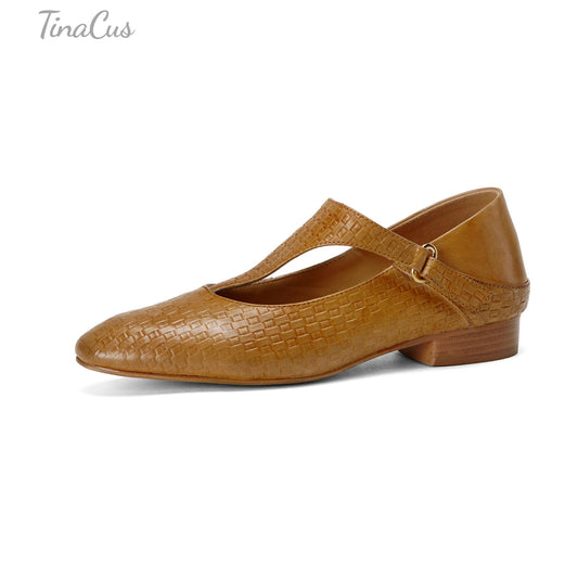 TinaCus Women's Round Toe Embossed Genuine Leather T Strap Buckle Mary Jane Flats