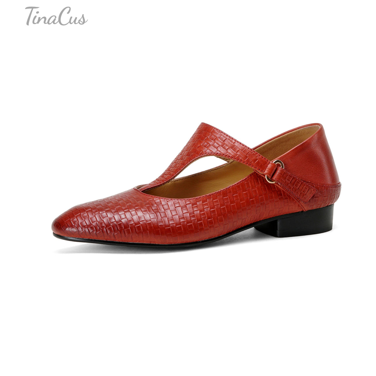 TinaCus Women's Round Toe Embossed Genuine Leather T Strap Buckle Mary Jane Flats