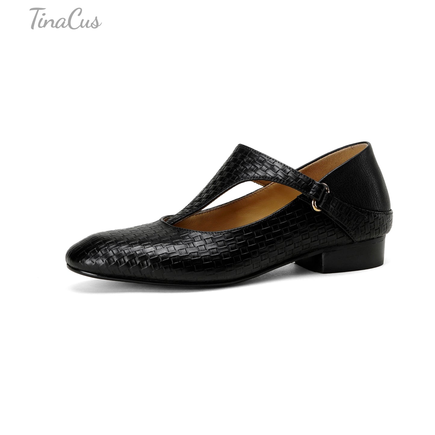 TinaCus Women's Round Toe Embossed Genuine Leather T Strap Buckle Mary Jane Flats