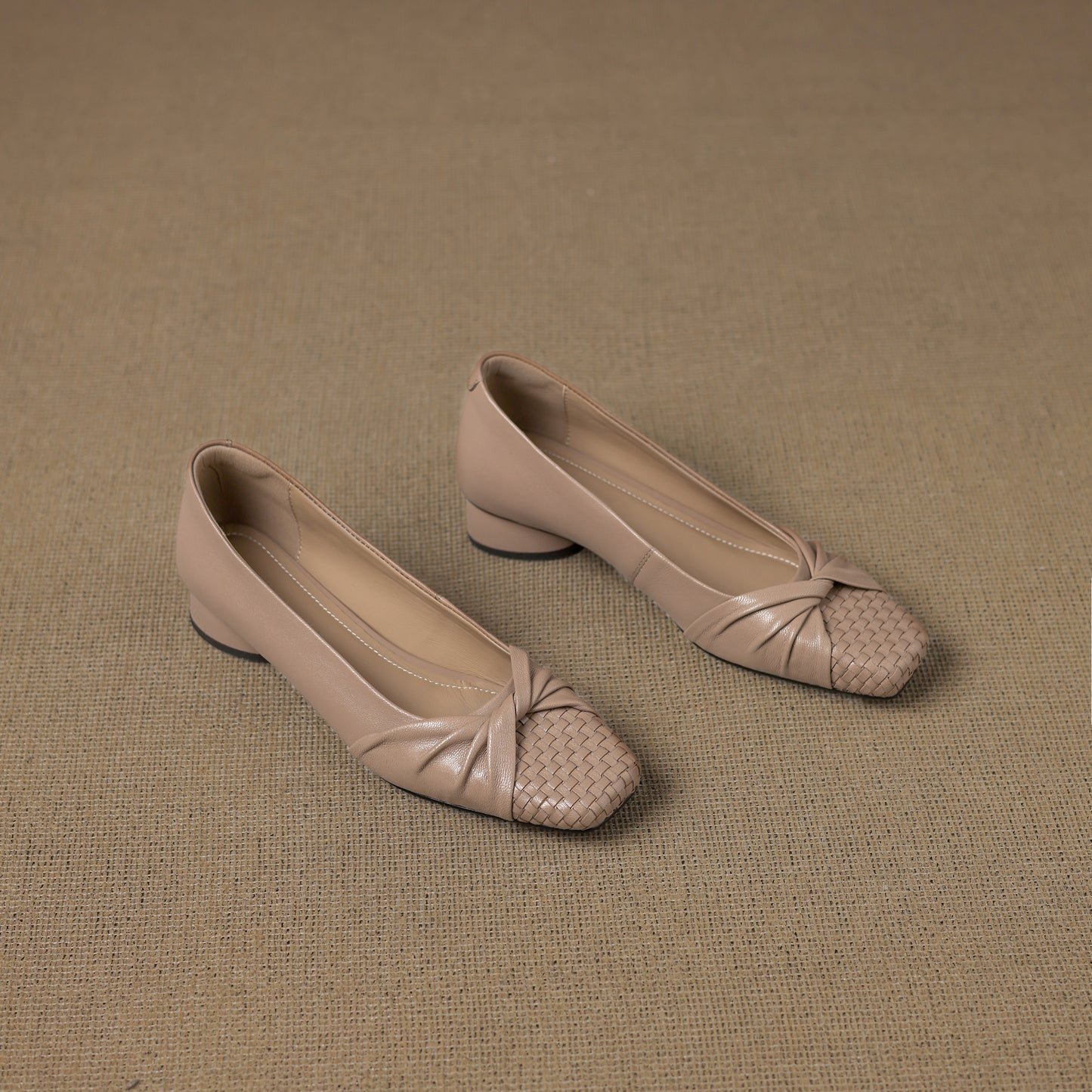 TinaCus Handmade Women's Genuine Leather Square Toe Woven Twist Knot Chunky Heel Casual Slip On Pump Shoes