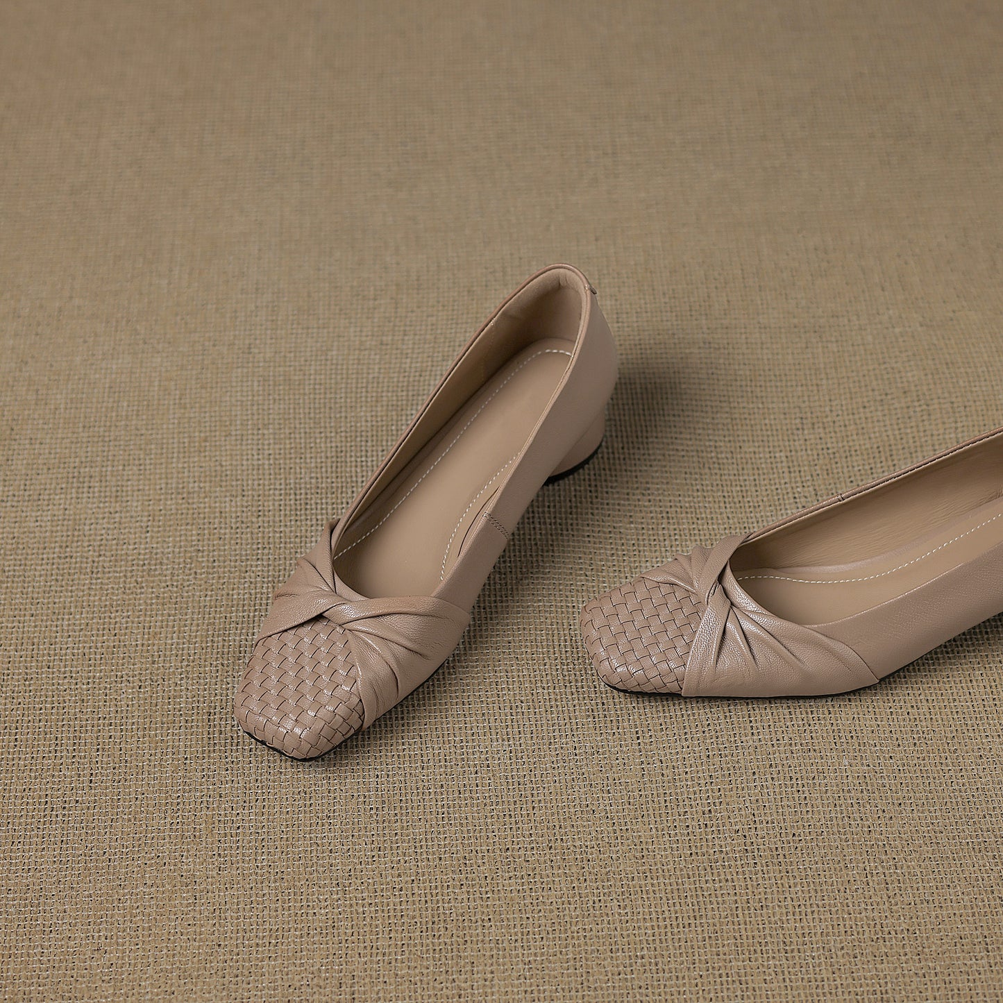 TinaCus Handmade Women's Genuine Leather Square Toe Woven Twist Knot Chunky Heel Casual Slip On Pump Shoes