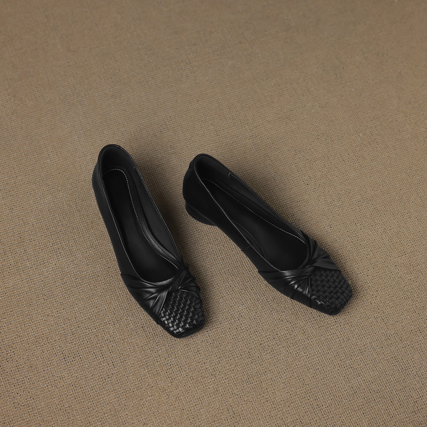 TinaCus Handmade Women's Genuine Leather Square Toe Woven Twist Knot Chunky Heel Casual Slip On Pump Shoes